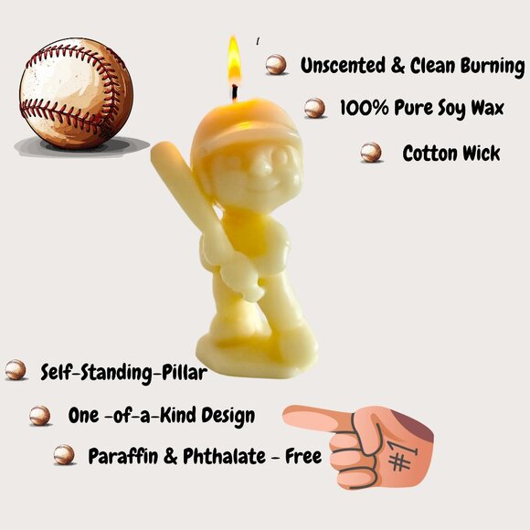 5"Handmade Baseball Player Soy Wax Sculptured Pillar Candle & Sport/ Gift - Picture 3 of 8